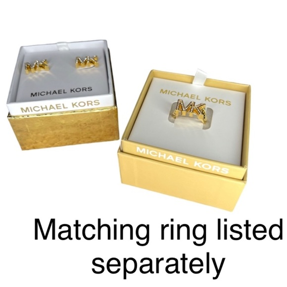 MICHAEL KORS Womens MK Logo Stud Earrings Pave Crystals Gold Tone Glitz - Picture 6 of 6